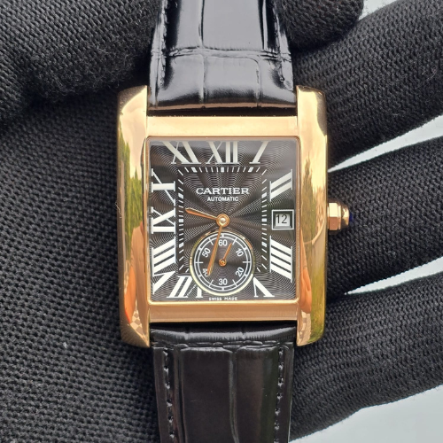 Luxury Rectangular Rose Gold Watch with a Black Dial and Leather Strap